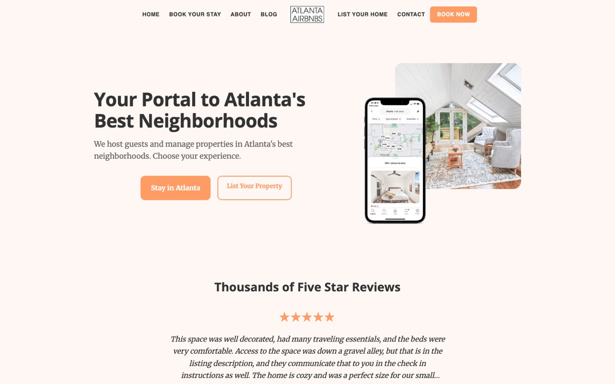 The atlantaairbnbs.com homepage